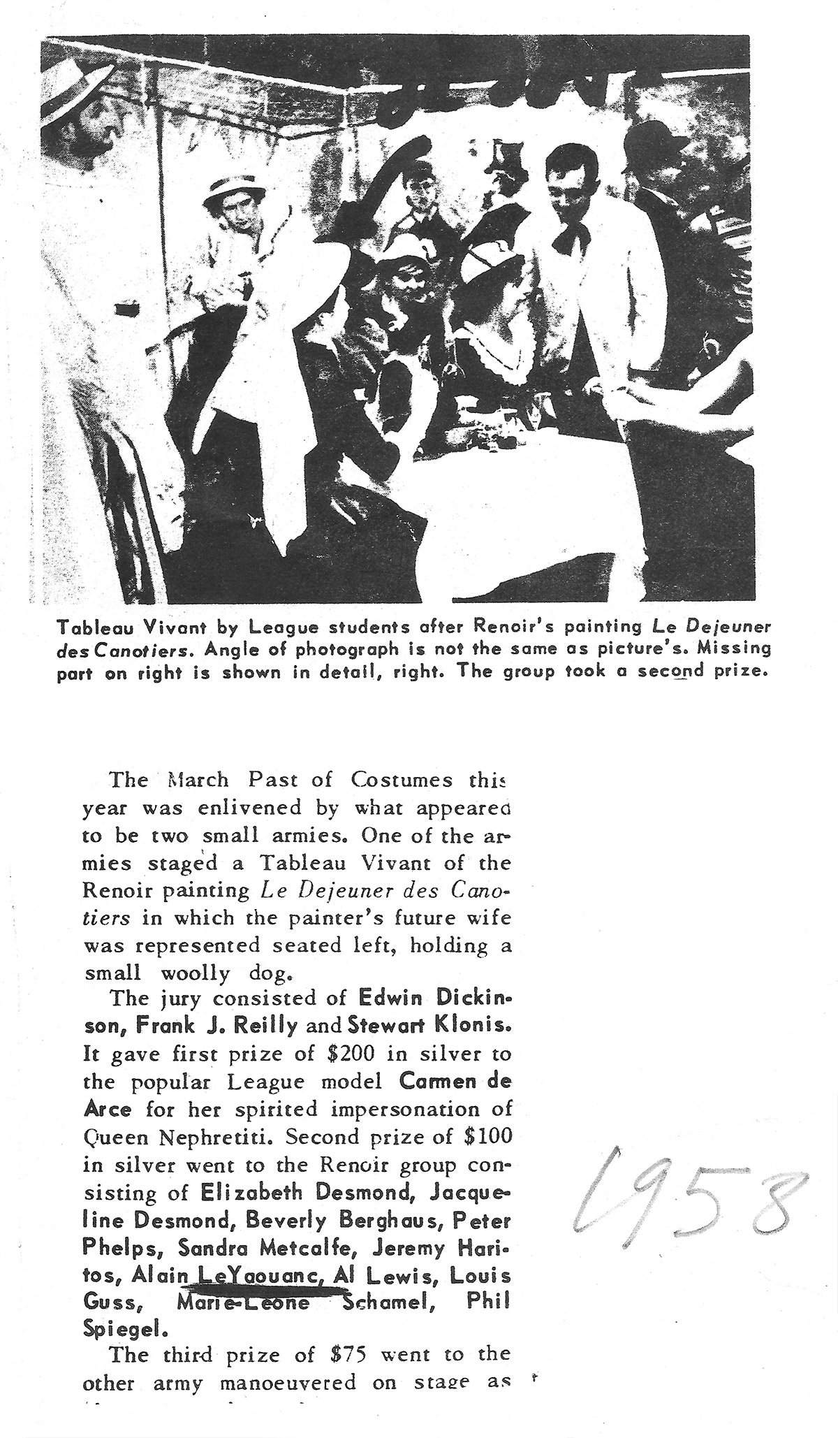 Second prix pour un tableau vivant du Dejeuner des canotiers de Renoir, 1958. Archives Le Yaouanc