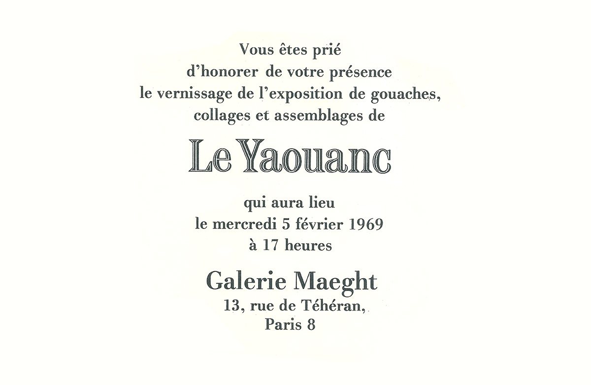 Carton d'invitation à la première exposition d'Alain Le Yaouanc à la galerie Maeght. © Le Yaouanc